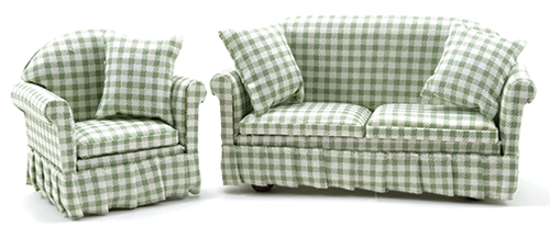 Sofa and Chair Set, Green & White Check